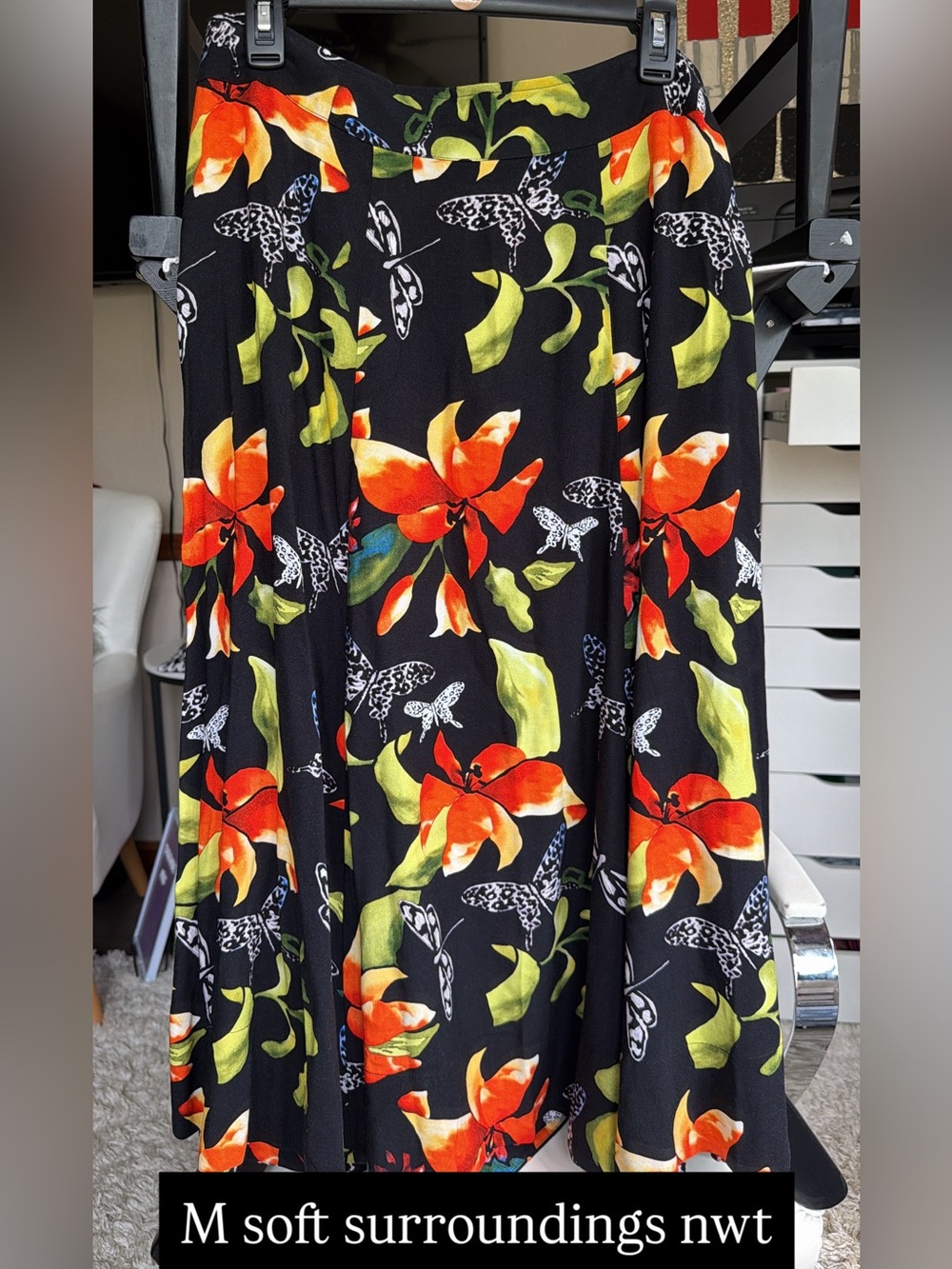 Soft Surroundings Black Floral Butterfly Maxi Skirt M new
